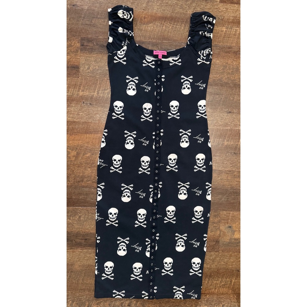 Betsey Johnson Skull Crossbones Midi Dress L Snap Front Goth Punk Y2K
